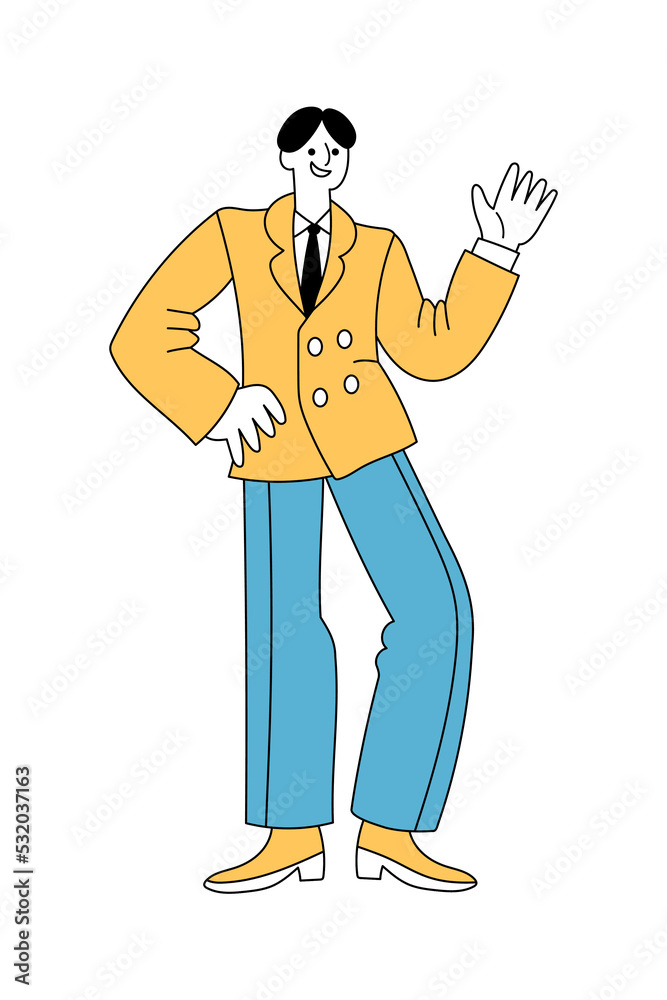Cheerful man in retro 1960s or 1970s clothes walking and waving hand