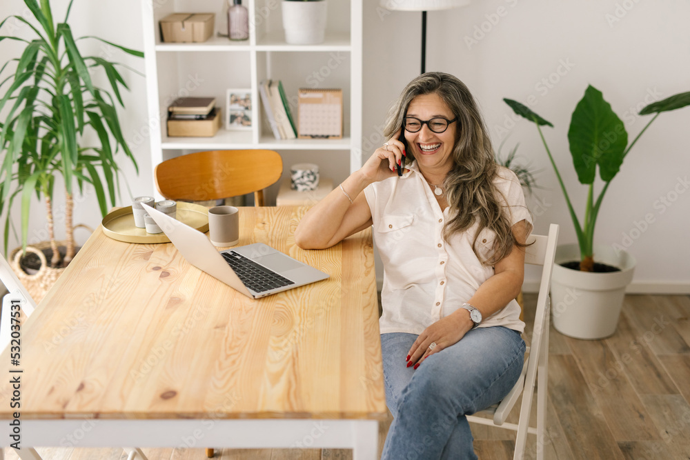 Smiling mature female talking on the phone indoors. Smiling mature female talking on the phone indoors.