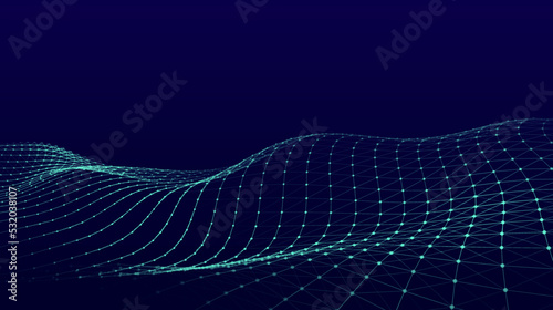 Abstract futuristic wave with moving dots abd lines. Flow of particles. Vector cyber technology illustration.