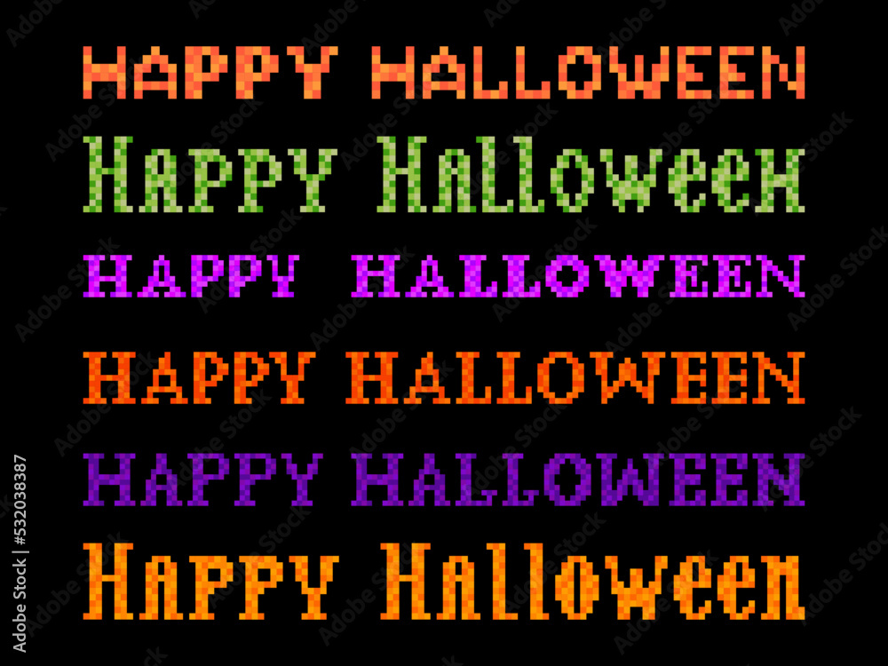 Happy Halloween text pixel art style. Pixel lettering set. Festive banner with text in the style of an 8-bit video game from the 80s - 90s. Design for app, banner and poster. Vector illustration