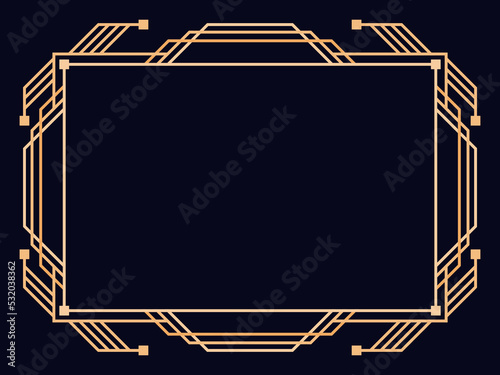 Art deco frame. Vintage linear border. Design a template for invitations, leaflets and greeting cards. Geometric golden frame. The style of the 1920s - 1930s. Vector illustration