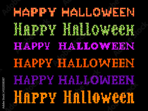 Happy Halloween text pixel art style. Pixel lettering set. Festive banner with text in the style of an 8-bit video game from the 80s - 90s. Design for app  banner and poster. Vector illustration