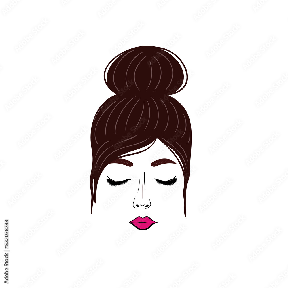 Female hair bun and beauty face. Vector Illustration for printing, backgrounds, covers and packaging. Image can be used for greeting cards, posters, stickers and textile. Isolated on white background.