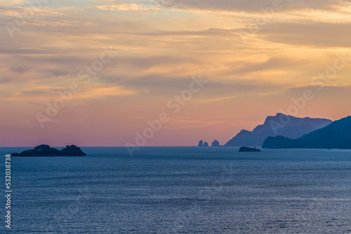 Sunset view from La Gavitella beach in Praiano, Amalfi Coast, Italy © oldmn