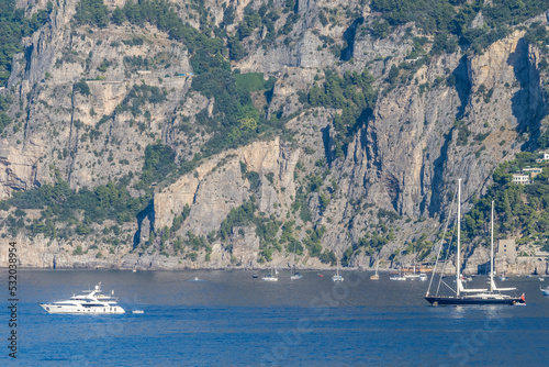 Boats in the Tyrrhenian sea by Amalfi Coast in Italy