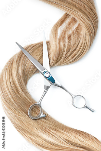 A strand of blond hair with scissors on a white background. Close-up.