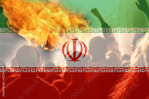 Defocus protest in Iran. Conflict war over border. Fire, flame. Country flag. Out of focus