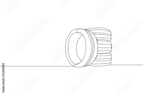 Continuous one line drawing car tires with alloy wheel rim, tire fitting service and sale advertisement poster. Disk car wheel tyre flat isolated. Single line draw design vector graphic illustration