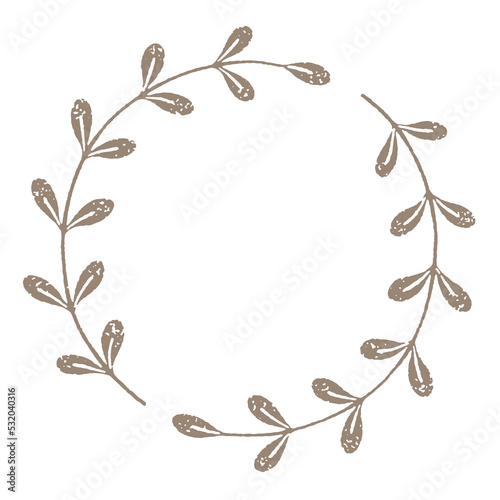 Grunge golden laurel wreath frame with asymmetrical leafy branches on white background