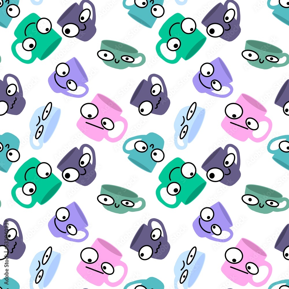 Doodle cartoon seamless tea coffee cups pattern for menu and kids clothes print and wrapping and kitchen and fabrics Doodle cartoon seamless tea coffee cups pattern for menu and kids clothes print and wrapping and kitchen and fabrics