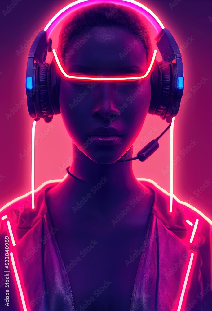 A fictional portrait of a ebony girl wearing a cyberpunk headset and ...