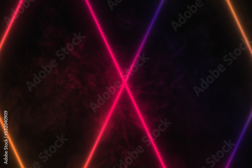 Dark background with multicolored neon rays for presentation and comparison of two products