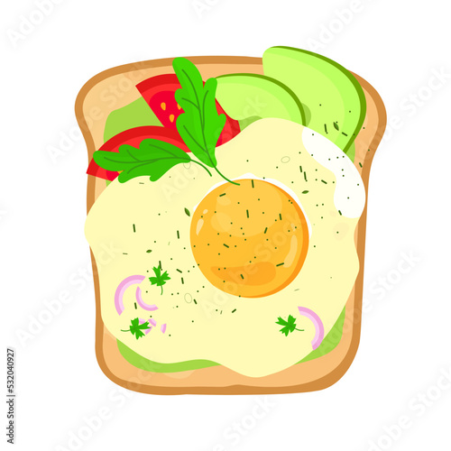 Toast sandwich with egg avocado tomato onion and herbs, vector
