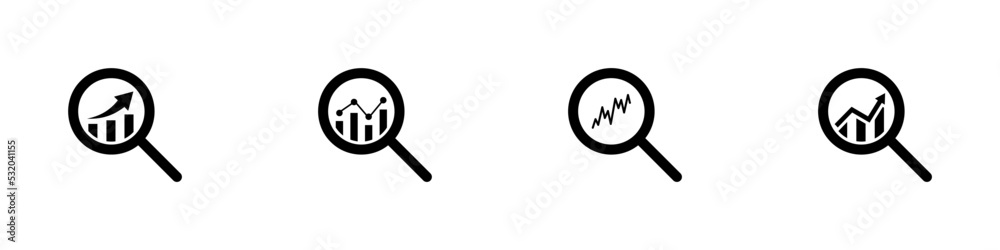 Conjunto de iconos de lupa con gráficos de barras analíticas. Concepto de estadísticas de mercado. Ganancias. Negocio y economía. Ilustración vectorial