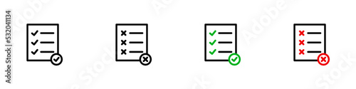 Conjunto de icono de documento aprobado y cancelado. Concepto de verificación de documento. Correcto e incorrecto. Ilustración vectorial
