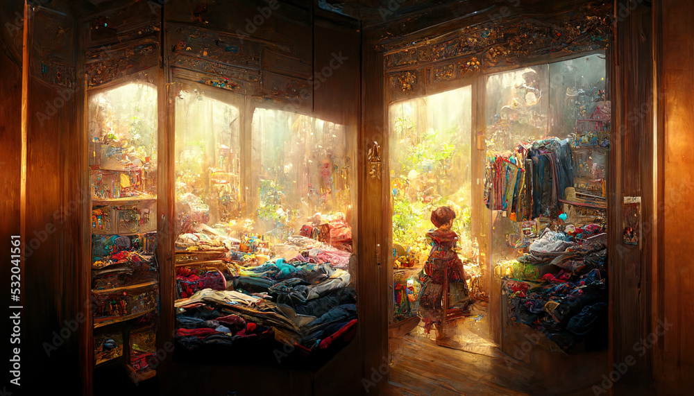Children's room with a closet for toys and children's things. Fantasy children's room, closet with toys. 3D illustration.