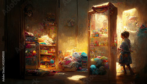 Children's room with a closet for toys and children's things. Fantasy children's room, closet with toys. 3D illustration. © Terablete