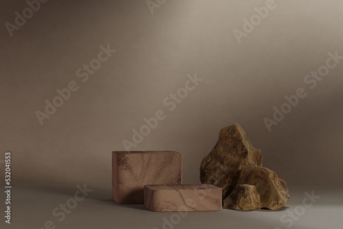 Fototapeta Naklejka Na Ścianę i Meble -  Minimal two wood pedestal or podium for product showcase. Cosmetic stand pedestal. Beige background. Empty stage. 3d render illustration