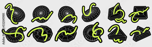 Stickers set of abstract geometric shapes. Flat vector illustration with 3d wireframe models. Concept psychedelic techno style.
