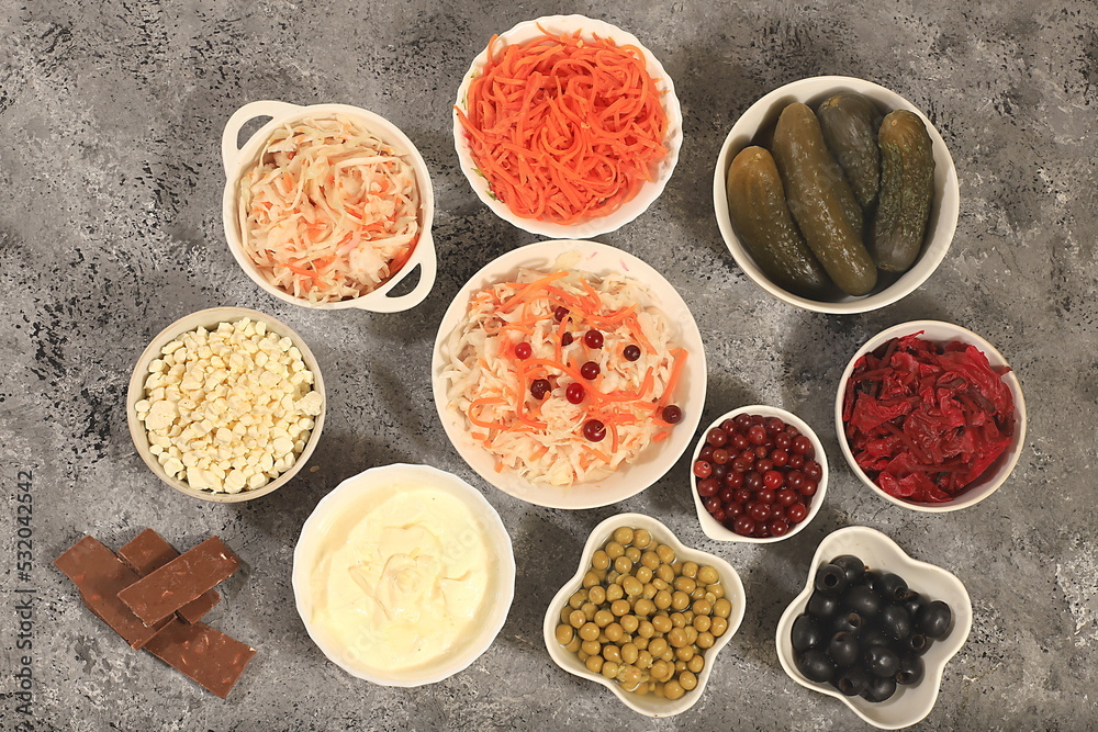Food background with probiotics, advertising banner, healthy natural food concept, sauerkraut, kimchi, beets, olives, peas, yogurt, cream, chocolate, healthy foods for your health,