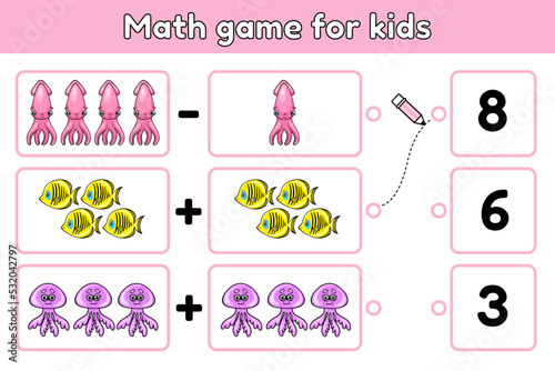 Counting game for preschool children. Educational math game. Count the numbers in the picture and choose the correct answer. Ocean animals vector illustration.