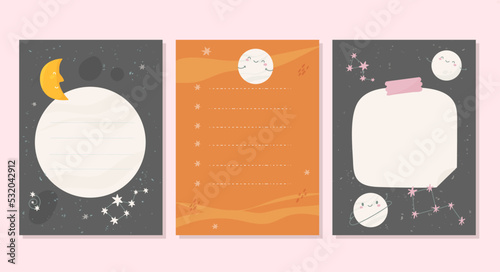 Retro doodle space cards set. Kids party. Creative notebook design, checklist
