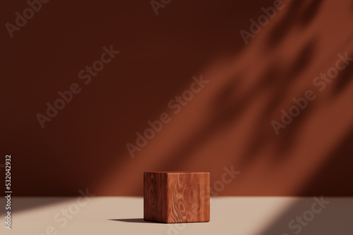 Fototapeta Naklejka Na Ścianę i Meble -  Modern wood pedestal or podium for product showcase. Boxe shape pedestal. Orange background. Empty stage. 3d render illustration