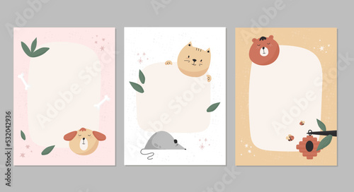 Modern cute animals cards set, birthday background with dog, cat and mouse, minimal scandinavian design