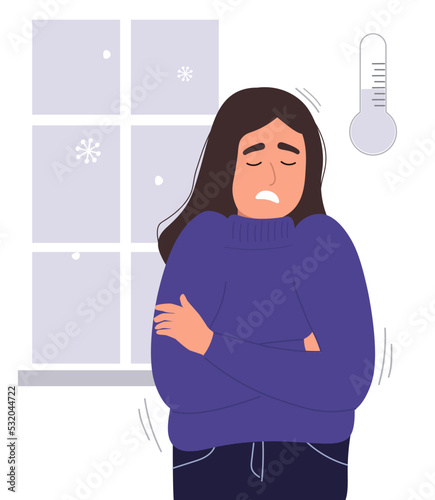 The girl is freezing at the window in her house. It's cold in the apartment in winter. Vector graphics.