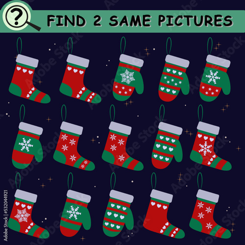 Find same pictures with cartoon christmas socks and mittens on dark blue  background. Educational logical game for children. Vector illustration.