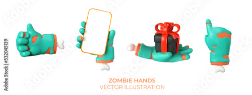 Set of zombie hands in different positions. Realistic 3d design. Various hand gestures isolated on white background. Vector illustration.