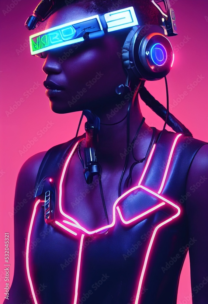 A fictional portrait of a ebony girl wearing a cyberpunk headset and ...
