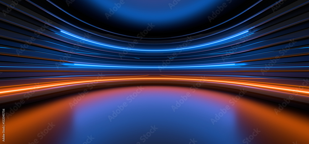 custom made wallpaper toronto digitalSci Fy neon lamps in a dark corridor. Reflections on the floor and walls. 3d rendering image.