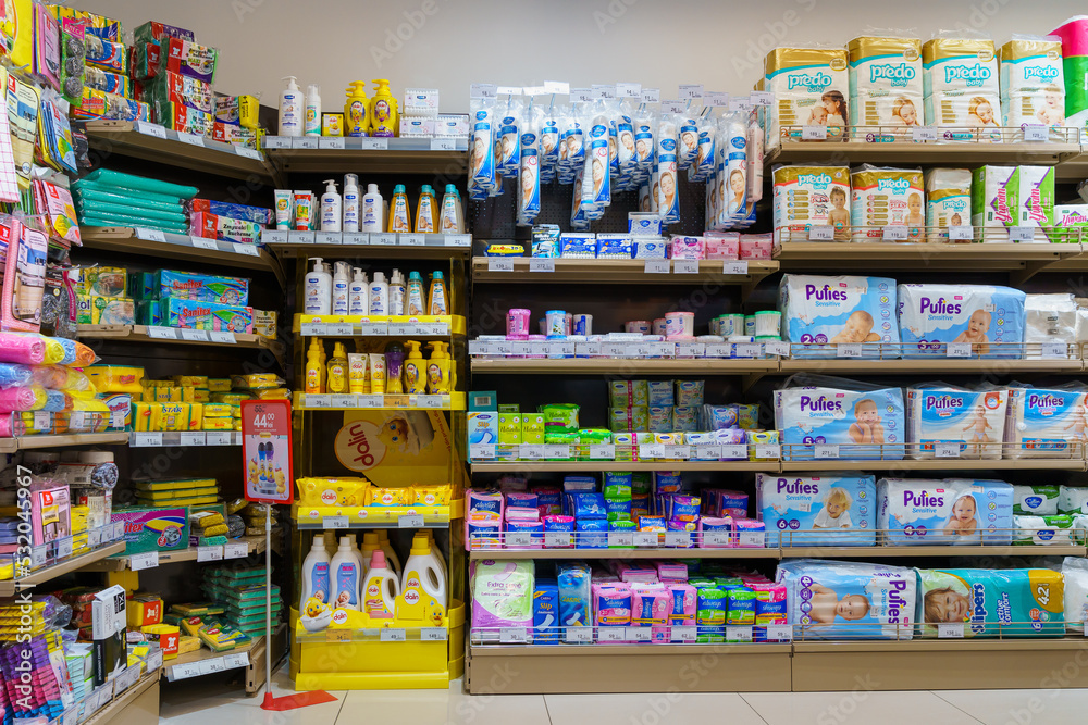 Department of household chemicals and personal hygiene in a supermarket.  April 13, 2022 Balti Moldova Photos | Adobe Stock