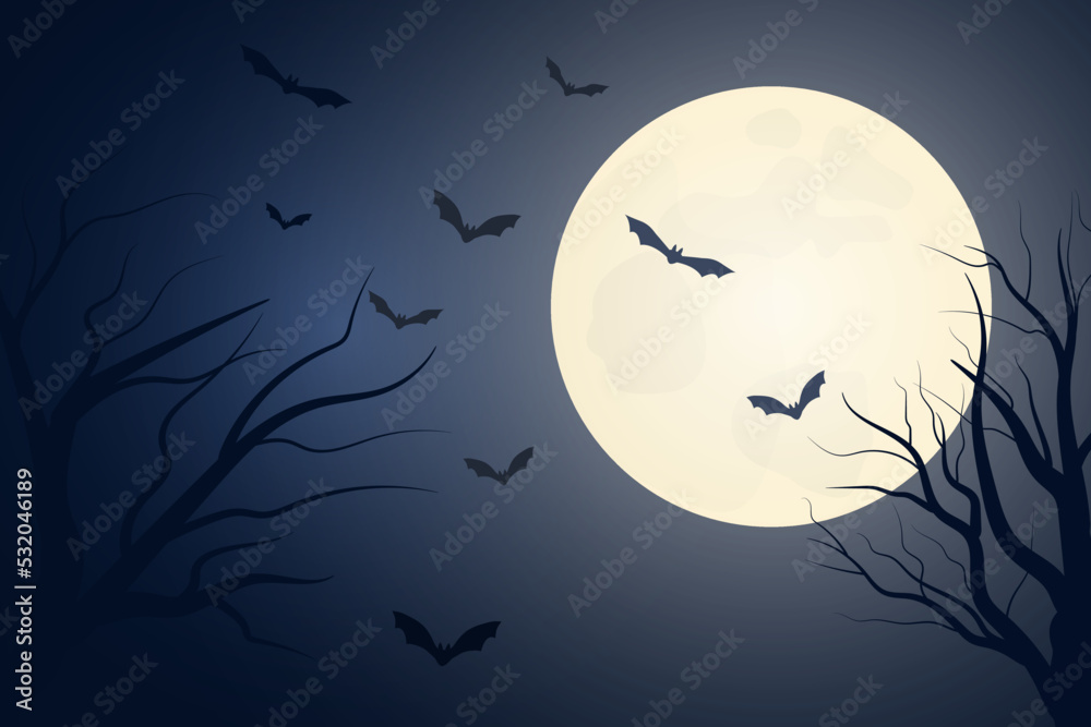 Night, bats and full moon spooky halloween background