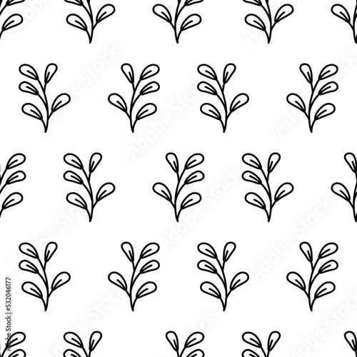 Hand drawn outline twig with leaves seamless pattern