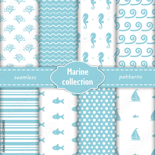Marine seamless patterns collection. Sea underwater backgrounds. Striped, polka dots, fish, corals, seahorses, boats, wave.
