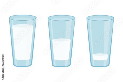 Three glasses of milk: empty, half full and full. Cartoon illustration isolated on a white background.
