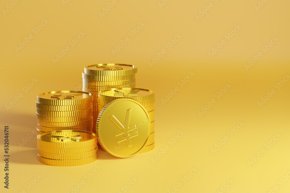Golden coins with yuan/yen sign on yellow background with copy space. 3d illustration. Golden coins with yuan/yen sign on yellow background with copy space. 3d illustration.
