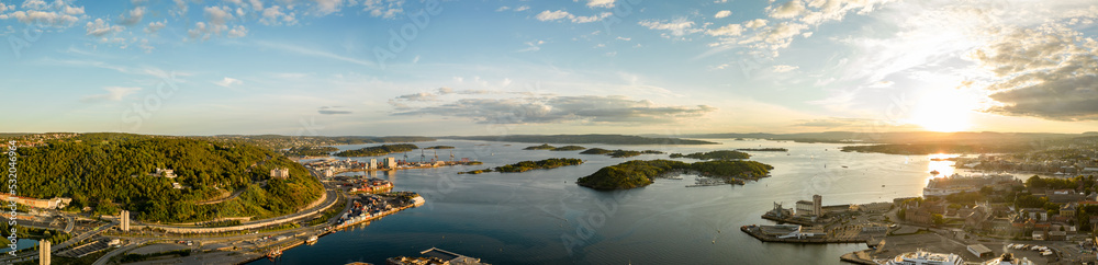 Beautiful aerial panorama Oslo Norway at sunset
