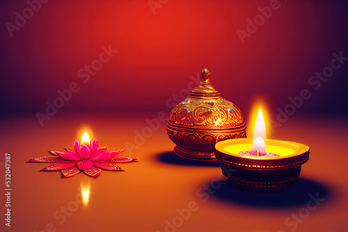 Decorated Diwali lights with colorful diya oil lamp and decorative flowers during diwali festival. photo