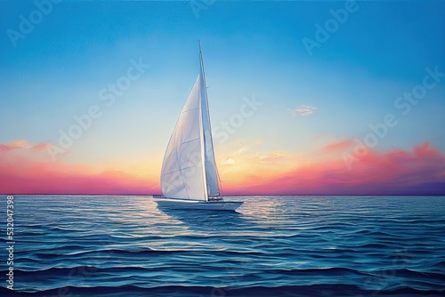 white catamaran yacht sailing at sunse, digital artwork.