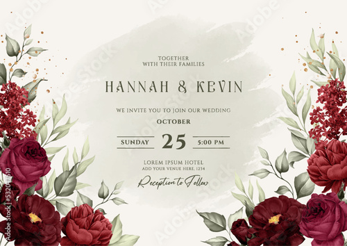 Floral background wedding invitation with red flower and leaves decoration