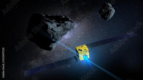 Fototapeta Naklejka Na Ścianę i Meble -  DART satellite on collision course against asteroid DIMORPHOS to divert its orbit. 3D Illustration