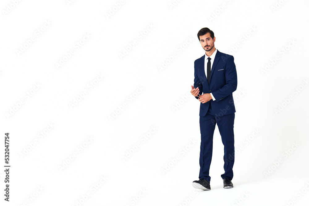 Man business smile with teeth in a suit business job walks open mouth happiness and surprise full-length on white isolated background copy space Man business smile with teeth in a suit business job walks open mouth happiness and surprise full-length on white isolated background copy space