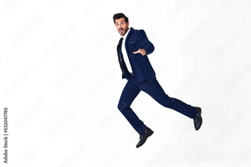 Man business smile with teeth in costume running and jumping flying up open mouth happiness and surprise full-length on white isolated background copy space Man business smile with teeth in costume running and jumping flying up open mouth happiness and surprise full-length on white isolated background copy space