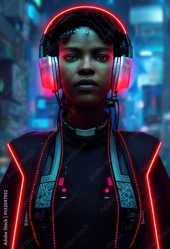A fictional portrait of a ebony girl wearing a cyberpunk headset and ...