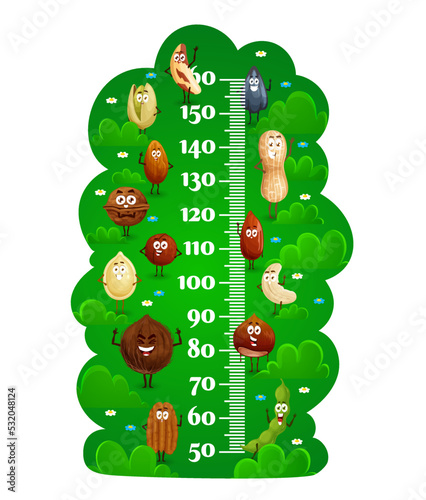 Cartoon happy nuts characters kids height chart, growth meter. Vector height measurement wall sticker with funny pistachio, peanut and walnut, coconut, sunflower and hazelnut, pumpkin seeds and bean
