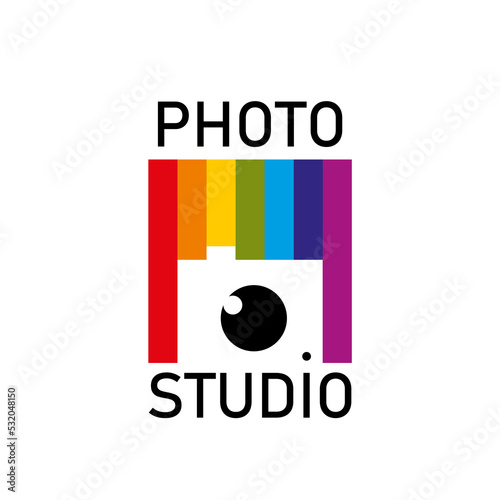 Photo studio icon, camera photography and photograph lens, vector emblem. Professional photo studio and photographer art design service sign with camera lens and rainbow film