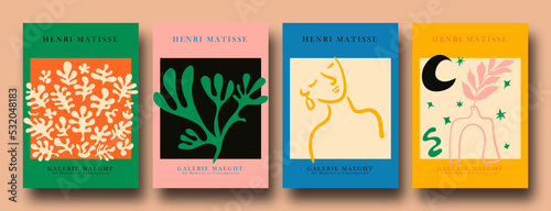 Contemporary organic shapes posters. Abstract collage set Matisse inspired with scribbles curves. geometric minimalist algae silhouette composition.